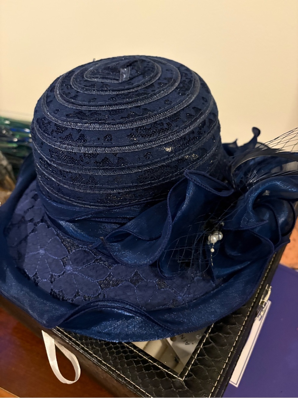 Classic Navy Blue Women's Dress Hat with Floral Accent